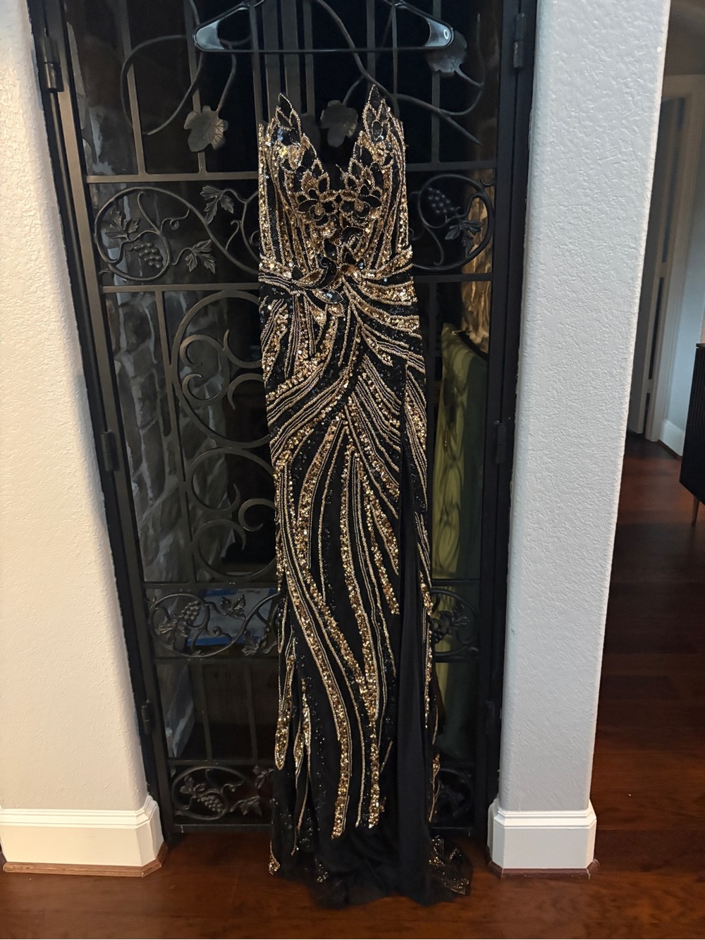 Strapless Black & Gold Sequin Prom Dress with High Slit